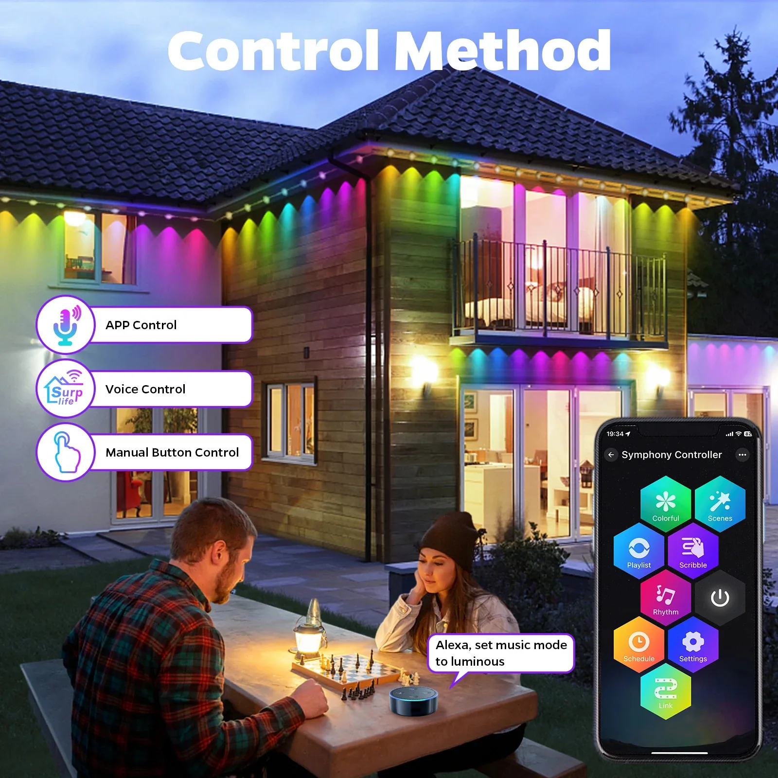 영구 실외 조명 RGB 72 LED 스트링 조명, 원격 및 투야 앱 제어, 방수 LED 처마 휴일 장식 램프, 100FT