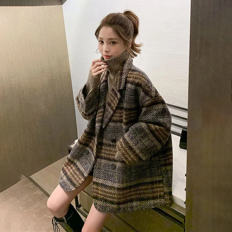 Women Winter Korean Woolen Plaid Jacket Tweed Vintage Loose Female Coat Slim Double Breasted Lapel Spliced Button Overcoat