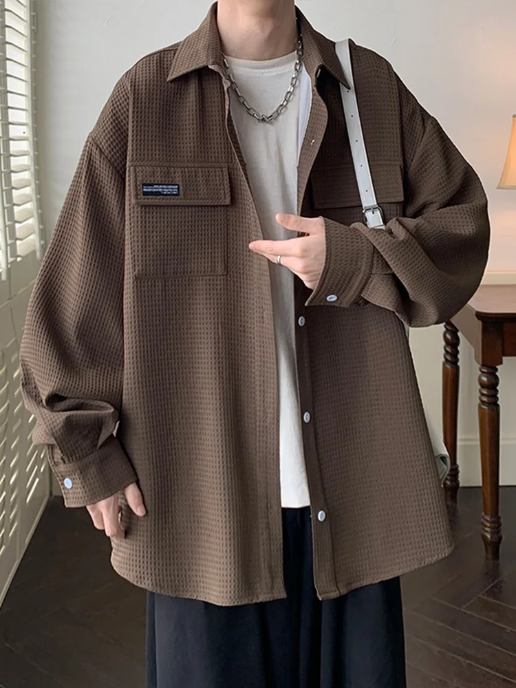 

American Retro Collar Thin Men's irt Jaet Casual Spring Autumn Loose Faionable Top Long Sve Pure Color for Youth