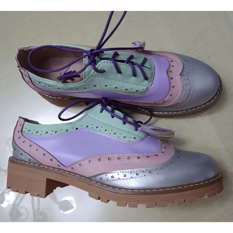 New 2024 Women Spring New Flats Shoes Women Oxfords Mixed Colors Lace Up Ladies Brogues Shoes Designer Casual Pu Leather Oxfords