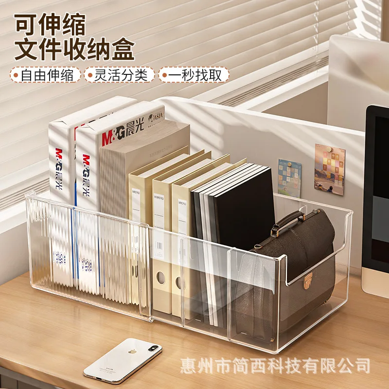 Desktop File Organizer Box A4 Paper Storage Rack Transparent Telescopic Book Stand with Adjustable Dividers for Office Desk