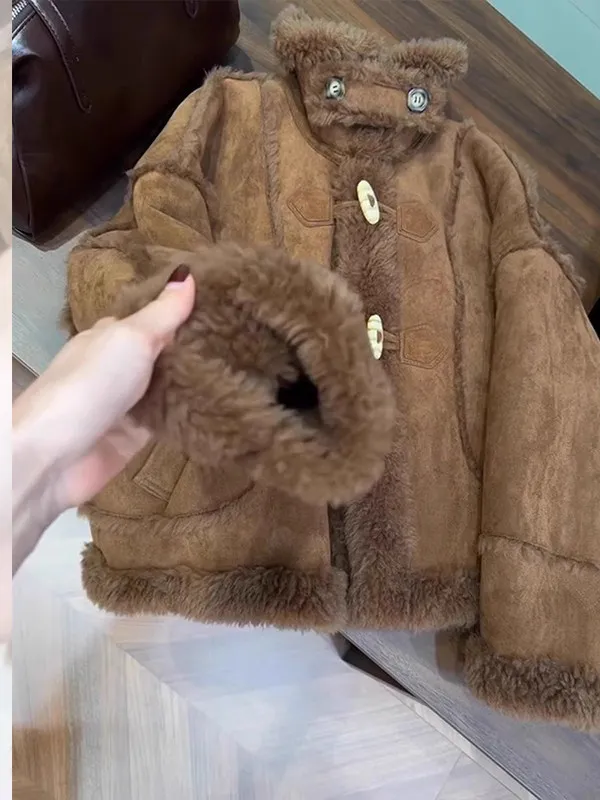 

plus Size Women's Brown Stand Collar Leather Fur Jaet Spring New Sle Motorcycle Coat Button Closure Thiened Long Sve