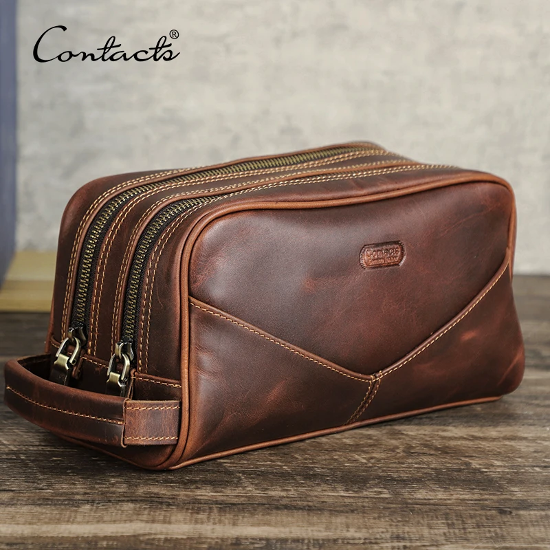 

CONTACT'S genuine leather cosmetic bag for men vintage crazy horse leather man make up bags small travel bags male toiletry bag