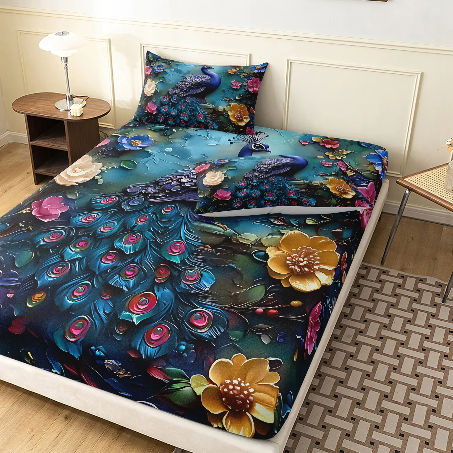 Vibrant Peacock Flower Print Duvet Cover Set, 3 Pieces Dark Teal Iridescent Peacock Tail Floral Tropical Art Pattern Bedding