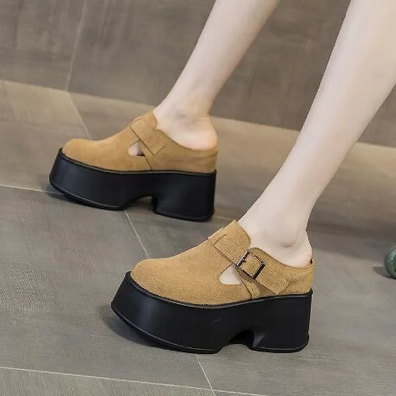 

Women Half Slippers Platform Summer Luxury High-heel Retro Women's Loafers Casual Genuine Leather Suede Mules For Ladies Sandals
