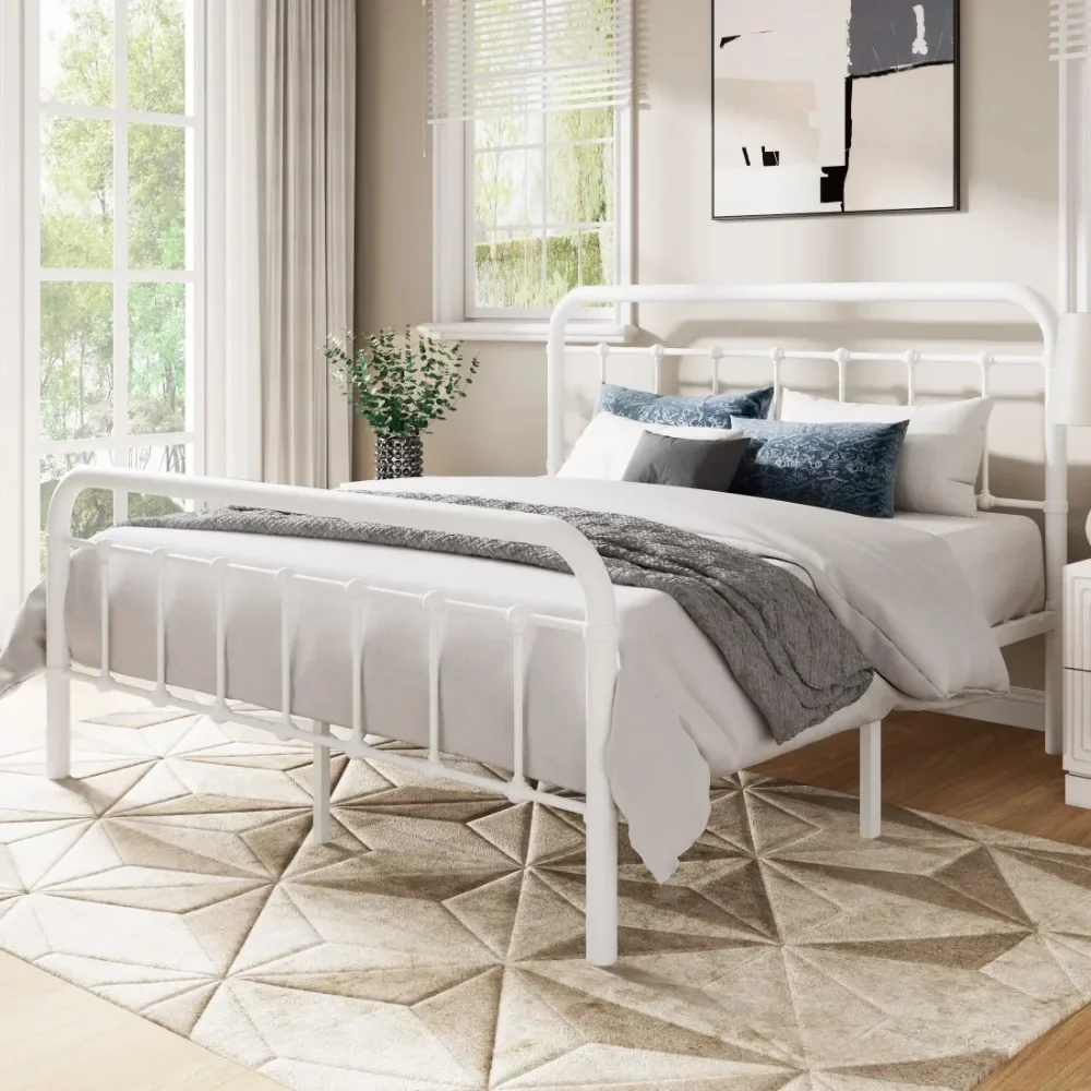 Allewie Full Size Metal Platform Bed Frame with Victorian Style Wrought Iron-Art Headboard/Footboard, White