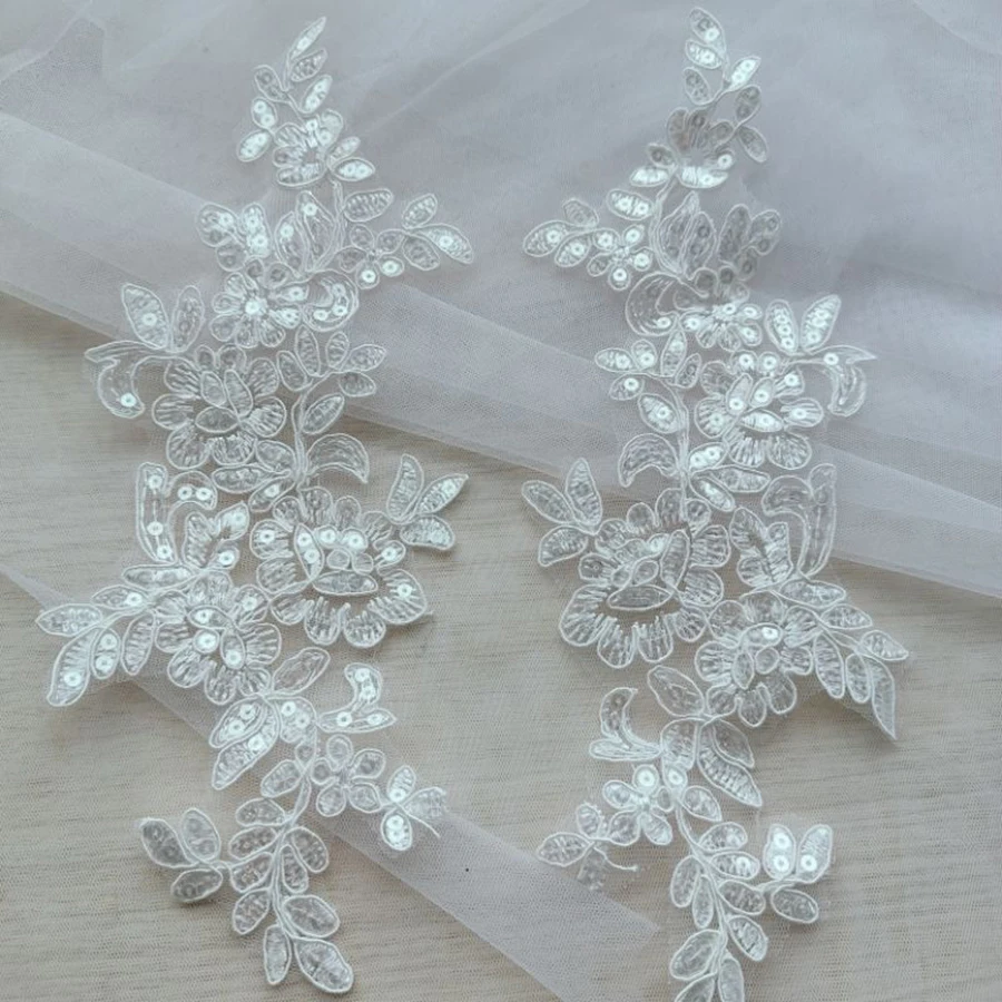 1Pair White Black Applique Flower Sequins Lace Fabric Patch For Garment Wedding Accessories Cloth DIY Reapir Craft