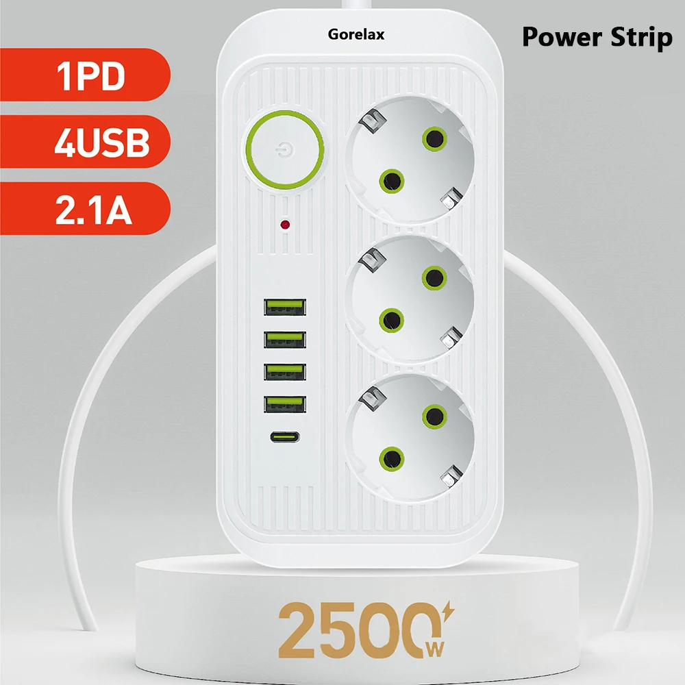 Gorelax Faixa de Energia Elétrica com USB Tipo C, Plugue EU, Tomadas AC, Cabo de Extensão, Estação de Carregamento Rápido, 2m