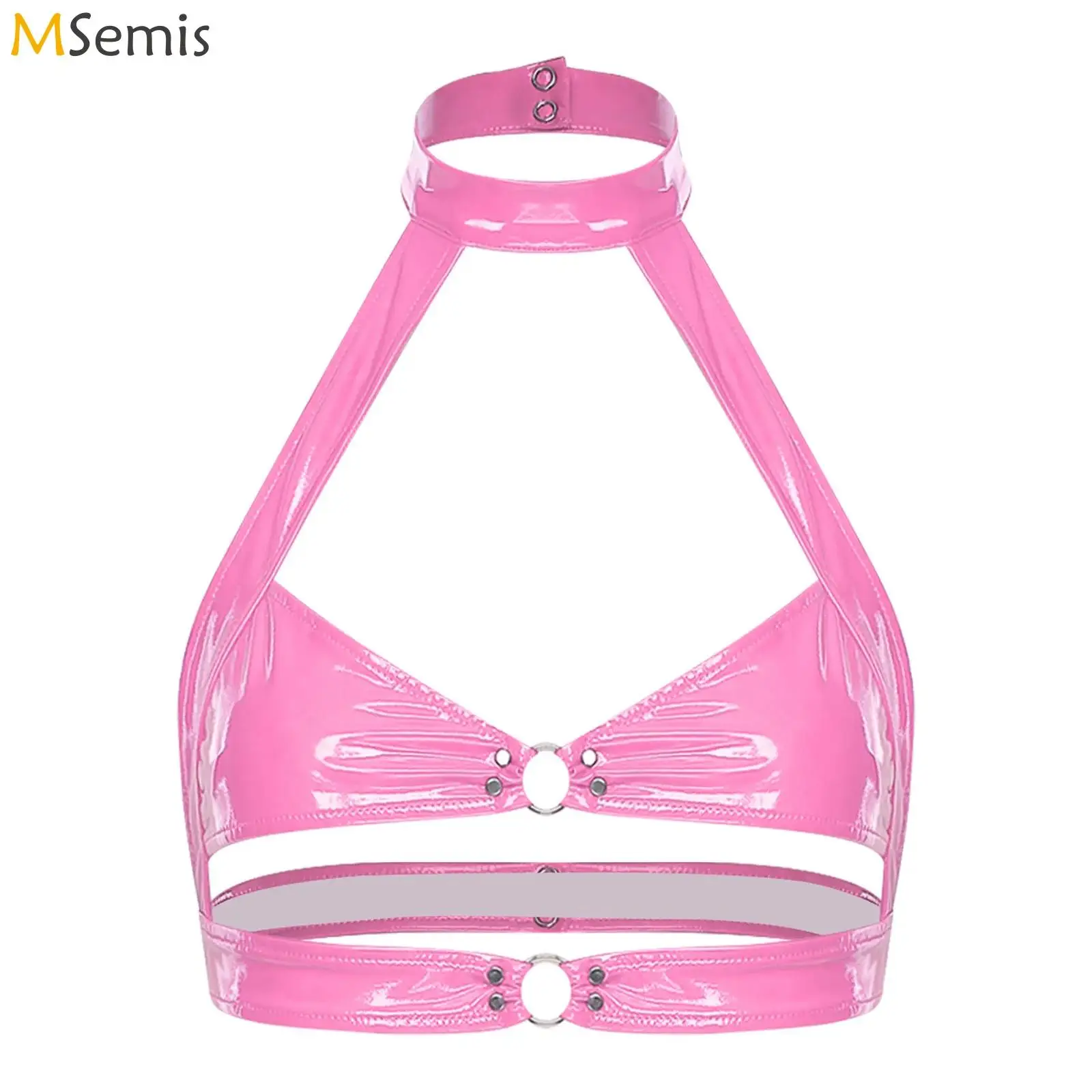 

Womens Glossy Lingerie Brassiere Wet Look PU Leather No-pad Latex Bra Chest Harness Bustier Camis Halter Hollow Out Crop Tops