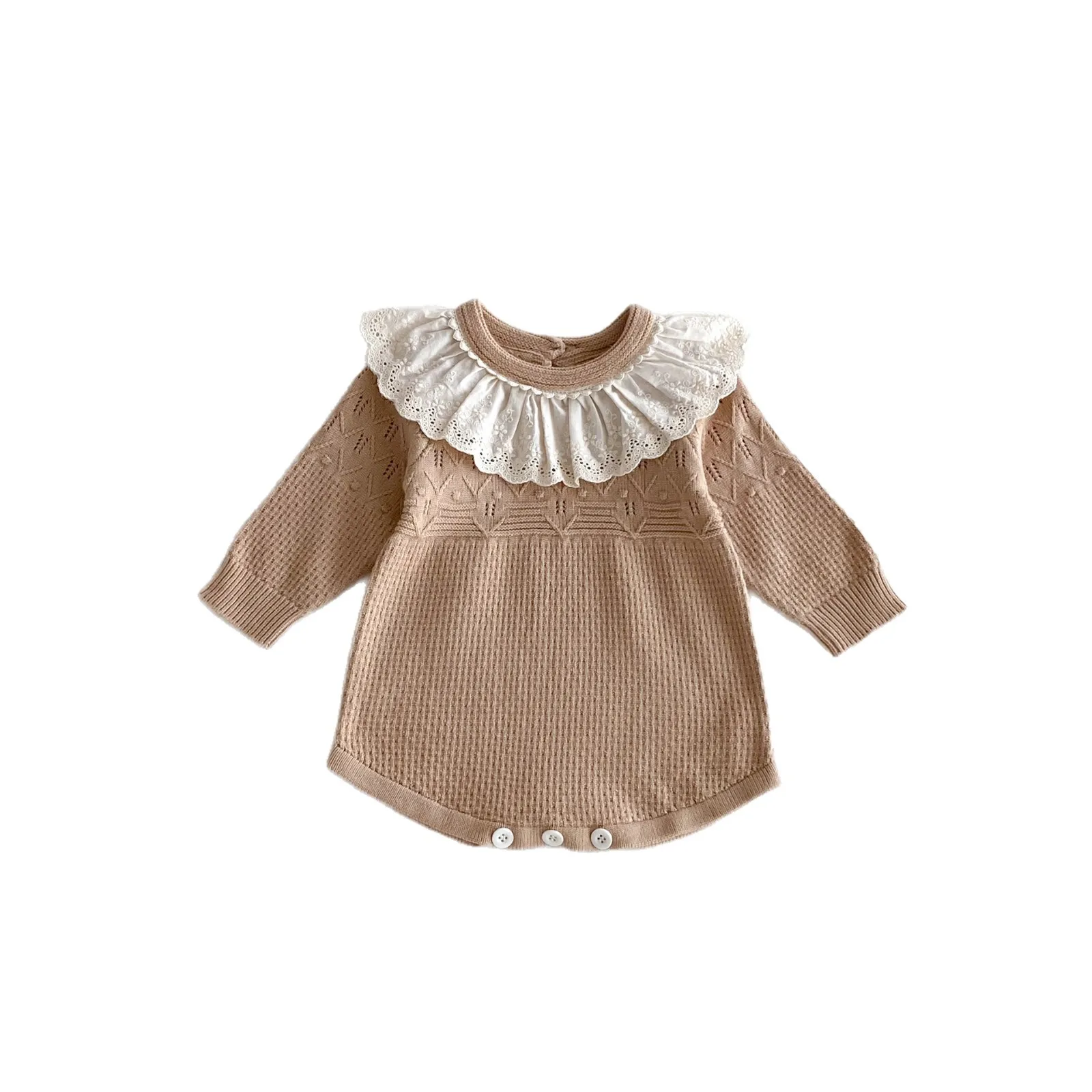طفلة محبوك ارتداءها الملابس 2025 الخريف جديد الدانتيل دمية طوق طفلة متماسكة طويلة الأكمام بذلة #5
