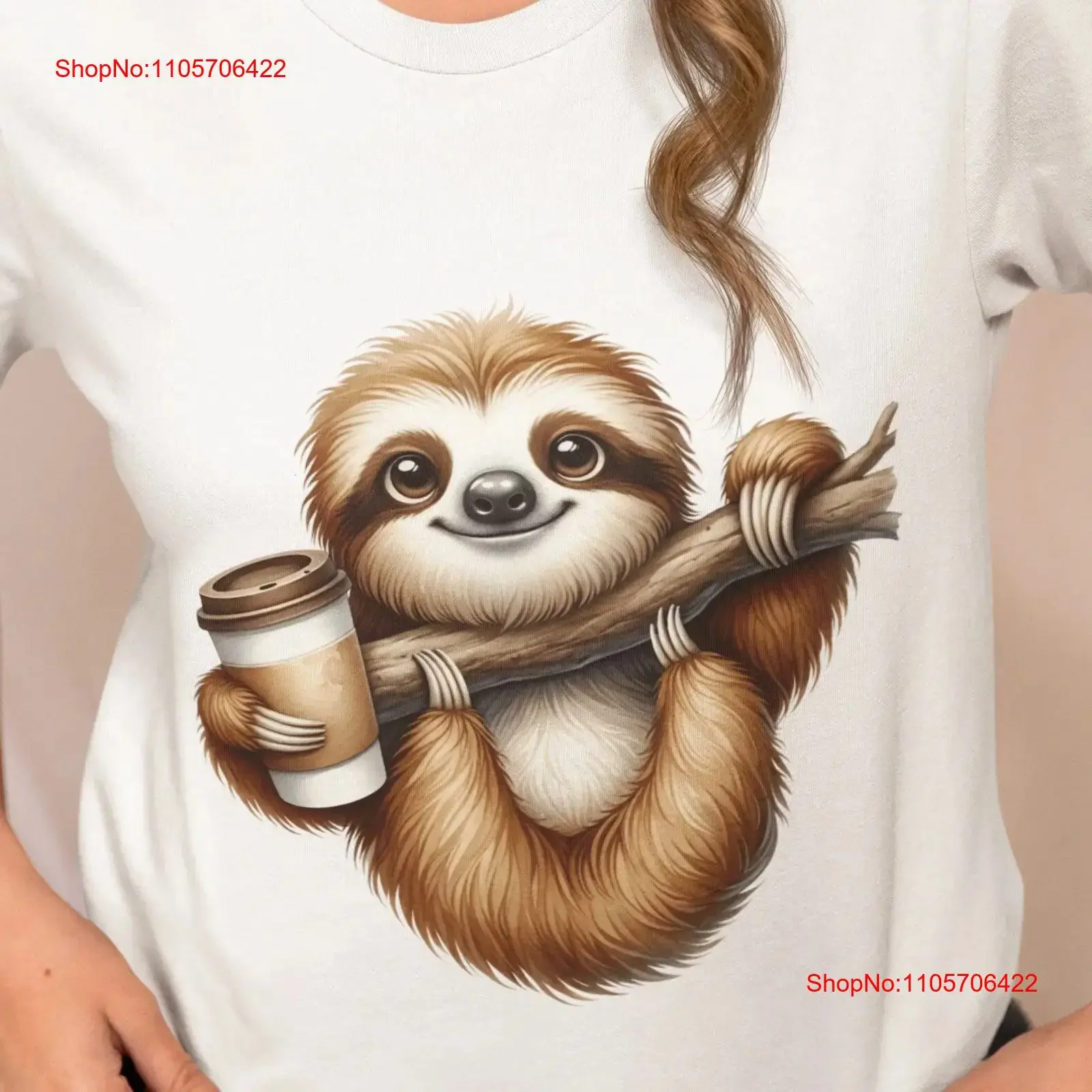 Sloth Hanging from Tree Branch with Coffee Tumbler T Shirt Cute Top Animal Lover Casual Wear for Fans vintage Washed graphic