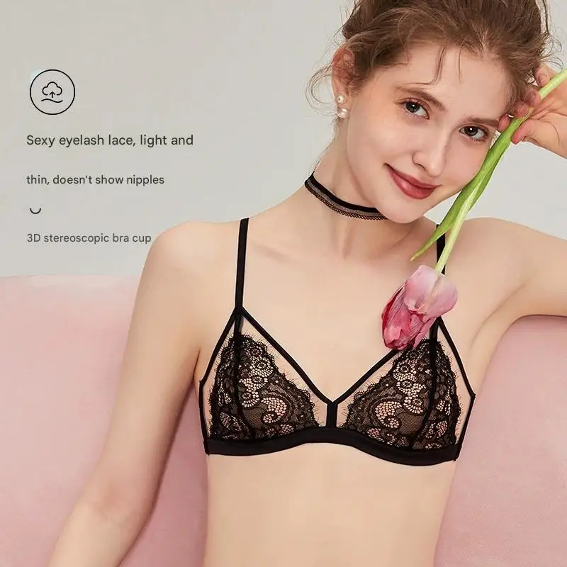 

Lace Bralette Wireless Triangle Cup Sheer Eyelash Lingerie for Women Everyday Sleepwear