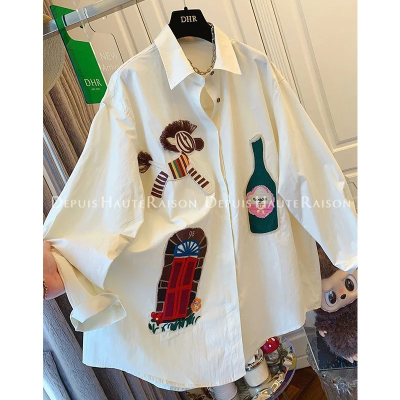 

Женская одежда больших размеров, корейская модная лоскутная блузка с отложным воротником и длинными рукавами, осенние модные рубашки с пуговицами с героями мультфильмов