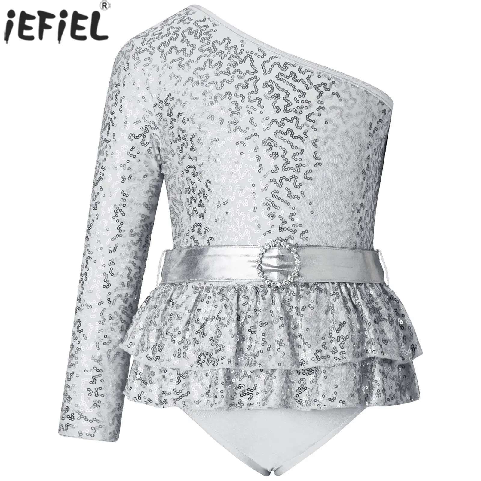 

Kids Girls Figure Skating Costumes Ballet Dance Gymnastics Leotard Oblique Shoulder Sequin Bodysuit Stage Performance Dancewear
