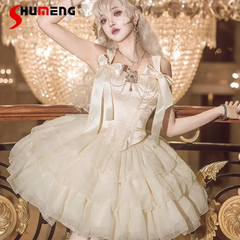 

Original Sweet Lolita Champagne Dress JSK Christmas Party Princess Dress Girl's Fishbone Tops Cake Half Skirt 2-Piece Set 2025