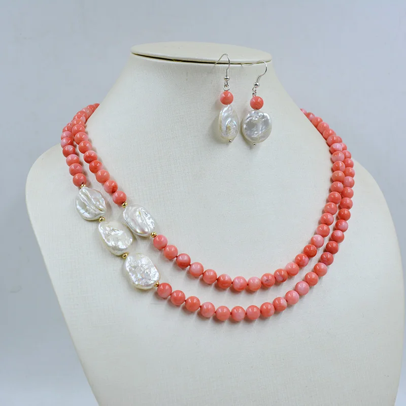 2 rows 7mm natural coral Baroque pearl necklace earrings set, giving women the most beautiful gift 18-20 