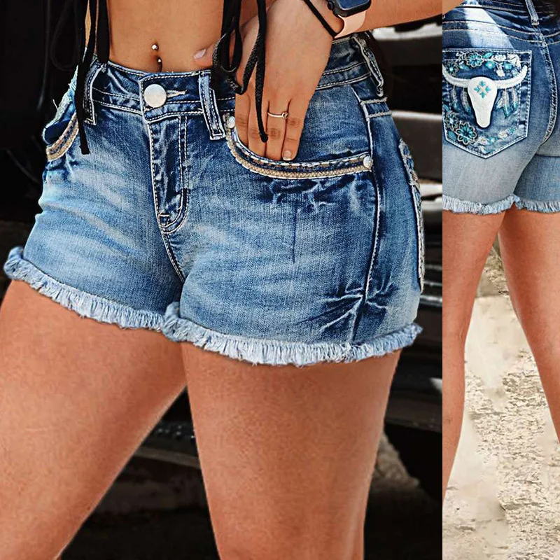 

Shorts Women Jeans Short Pants Embroidery Pockets Skinny High Waist Distressed Washed 2025 Summer Streetwear Straight Denims