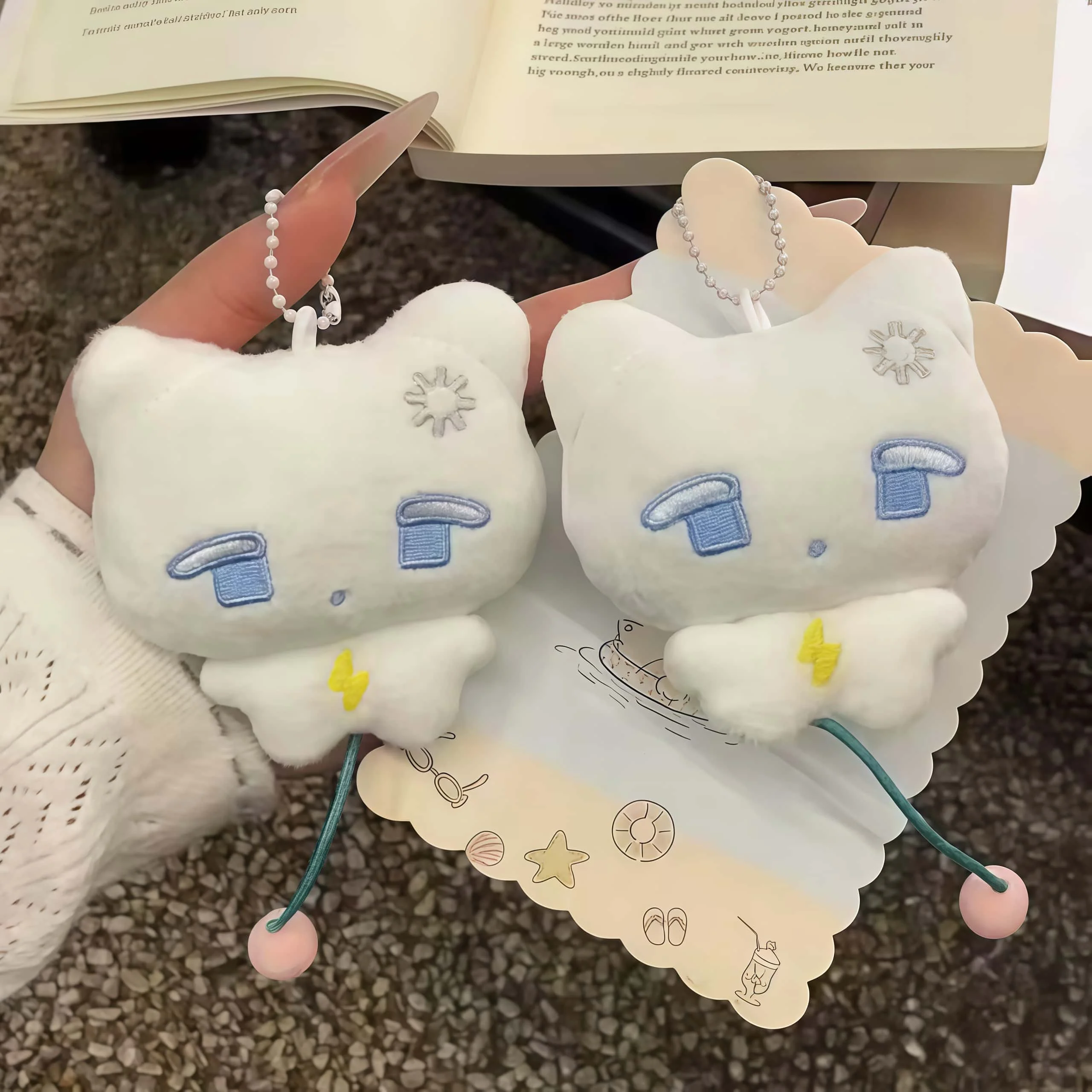 Cute White Cat Plush Keychain, Soft Stuffed Doll Pendant With Bead Chain, Embroidery Bag Charm Decor Accessory