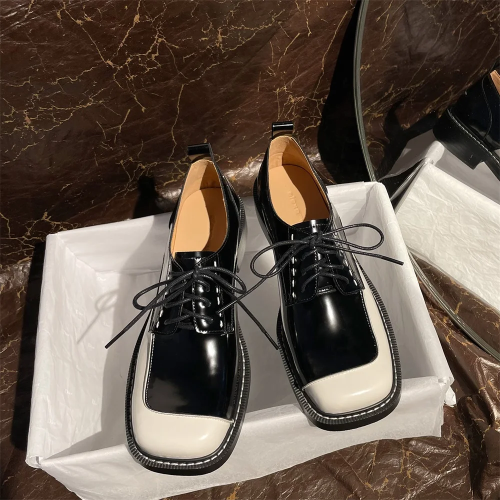 Taoffen New Casual Loafers For Women Genuine Leather Cow Color Round Toe Shoes Square Heel Commuting Thick Sole Lace-up Shoes