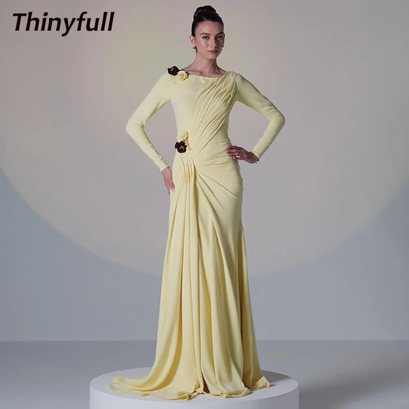 

Thinyfull Mermaid Arabic Prom Dress Full Sleeves O-neck Ruched Evening Dresses Dubai Long 2025 Gown Robe De Soirée Customized