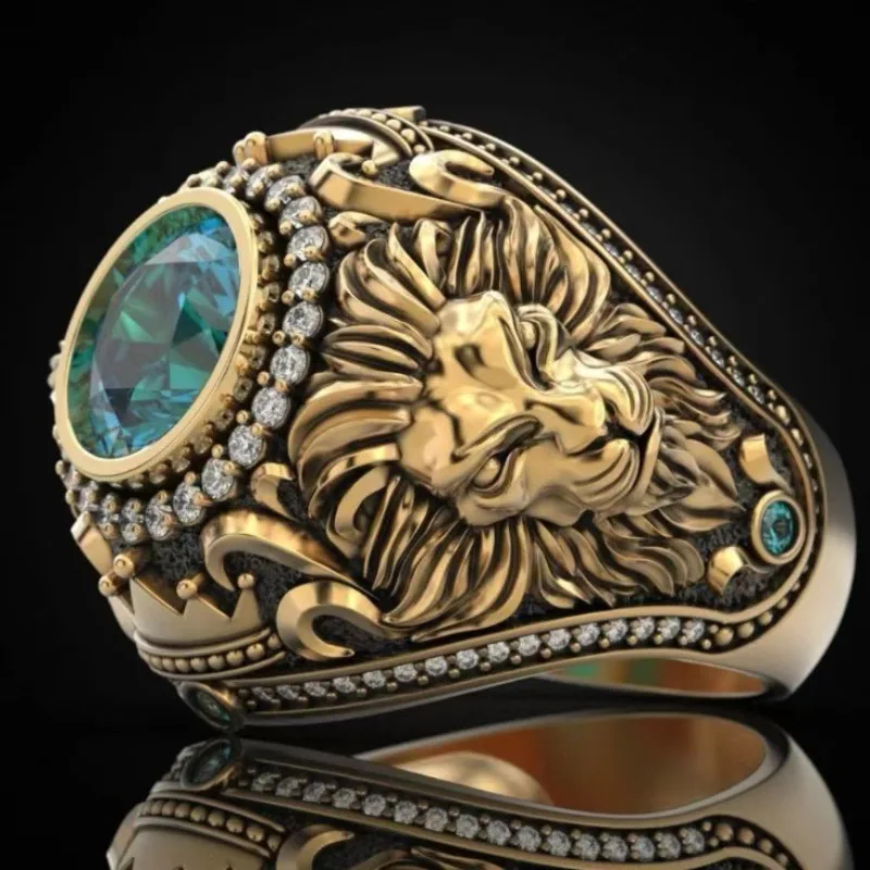 New fashionable retro European and American lake blue zircon inlaid crown lion shape men's personalized ring