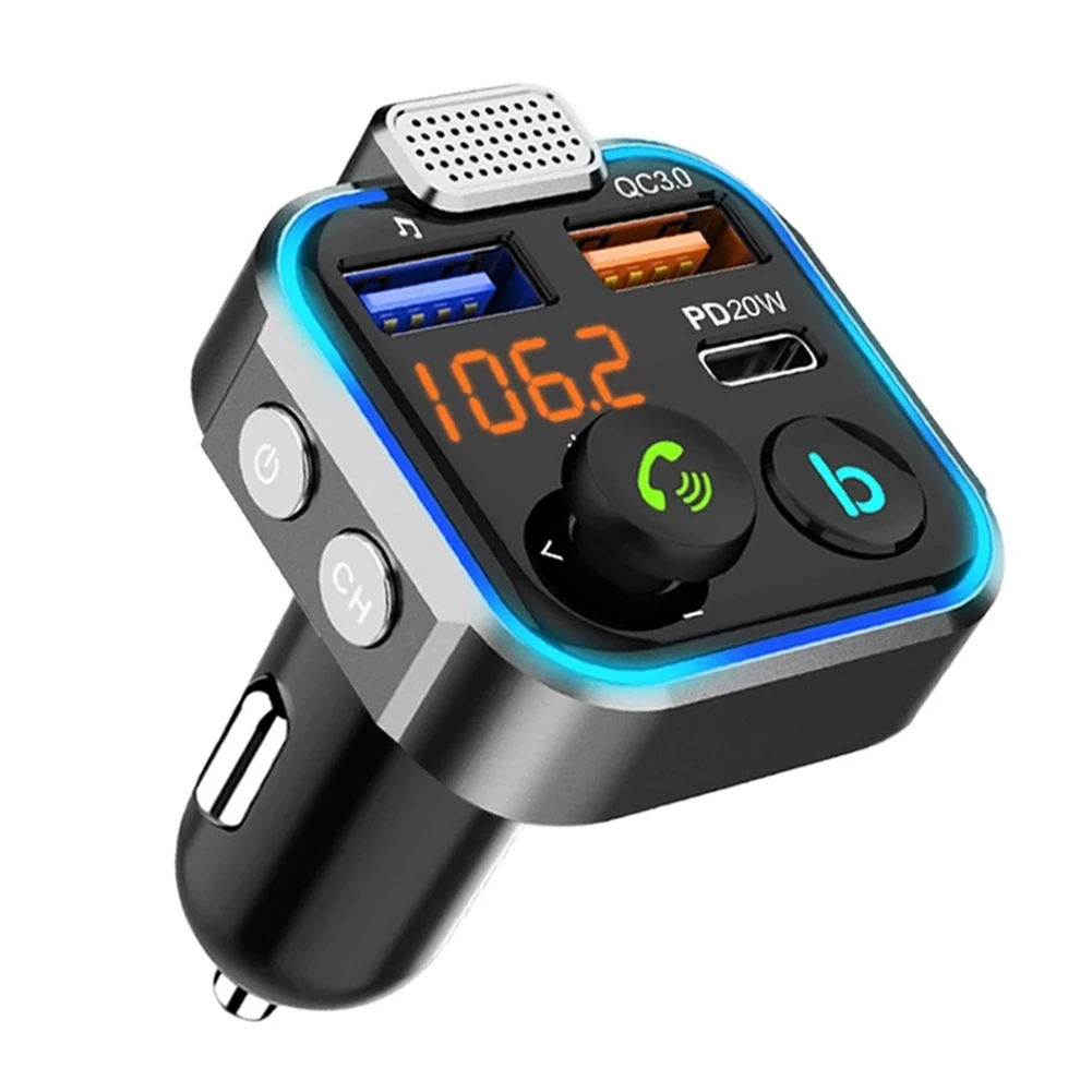 Car Bluetooth-compatible 5.0 FM Transmitter One Key Bass Mp3 Player Large Microphone USB Music Play QC3.0 PD20W Quick Charger