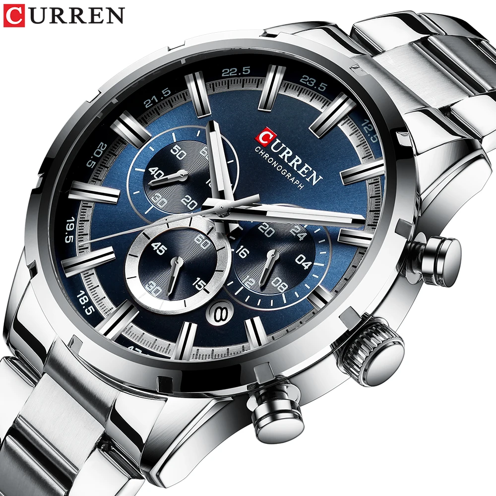 Curren Men's Watch Blue Dial Stainless Steel Band Date Mens Business Male Watches Waterproof Luxuries Men Wrist Watches for Men