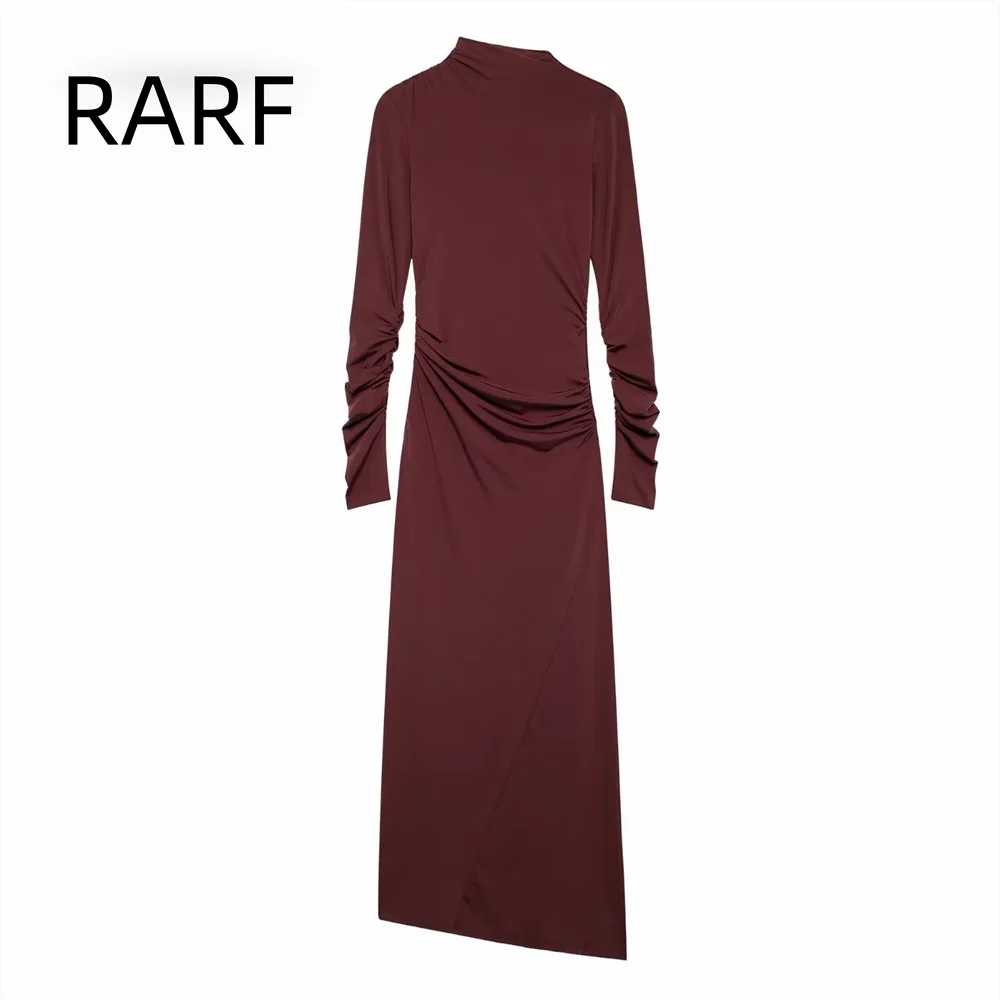 

24 Autumn New Product Women's Wear Simple Commuting Wrinkle Decoration Stand Collar Long Sleeve Dress