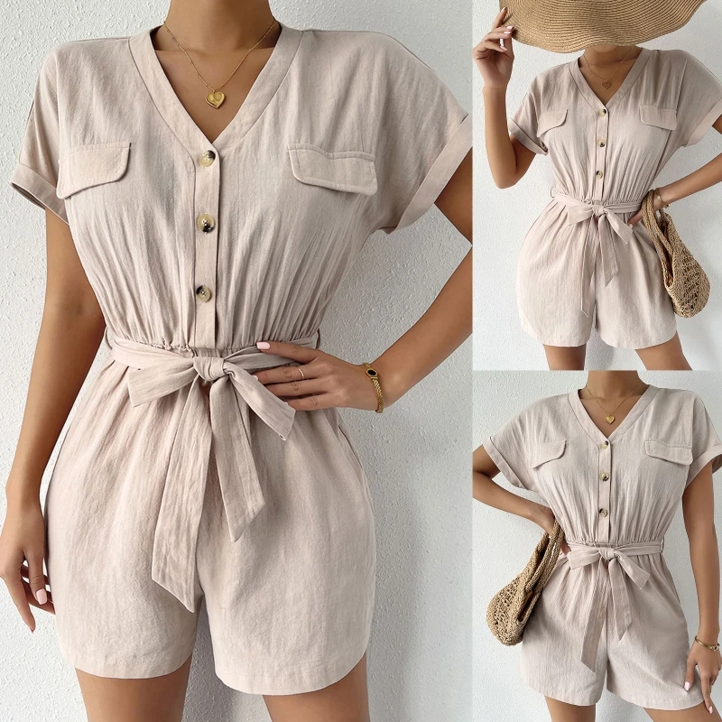 

Women Summer Roll Up Short Sleeves Jumpsuit V-Neck Button High Waisted Short Pants Rompers Solid Color Belted Casual Loose