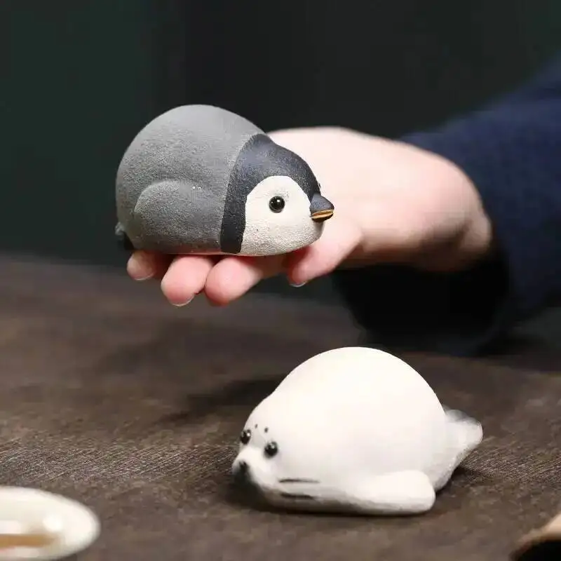 Purple Clay Tea Pet Figurine Penguin Seal Cat Small Ornament Mineral Tea Player 