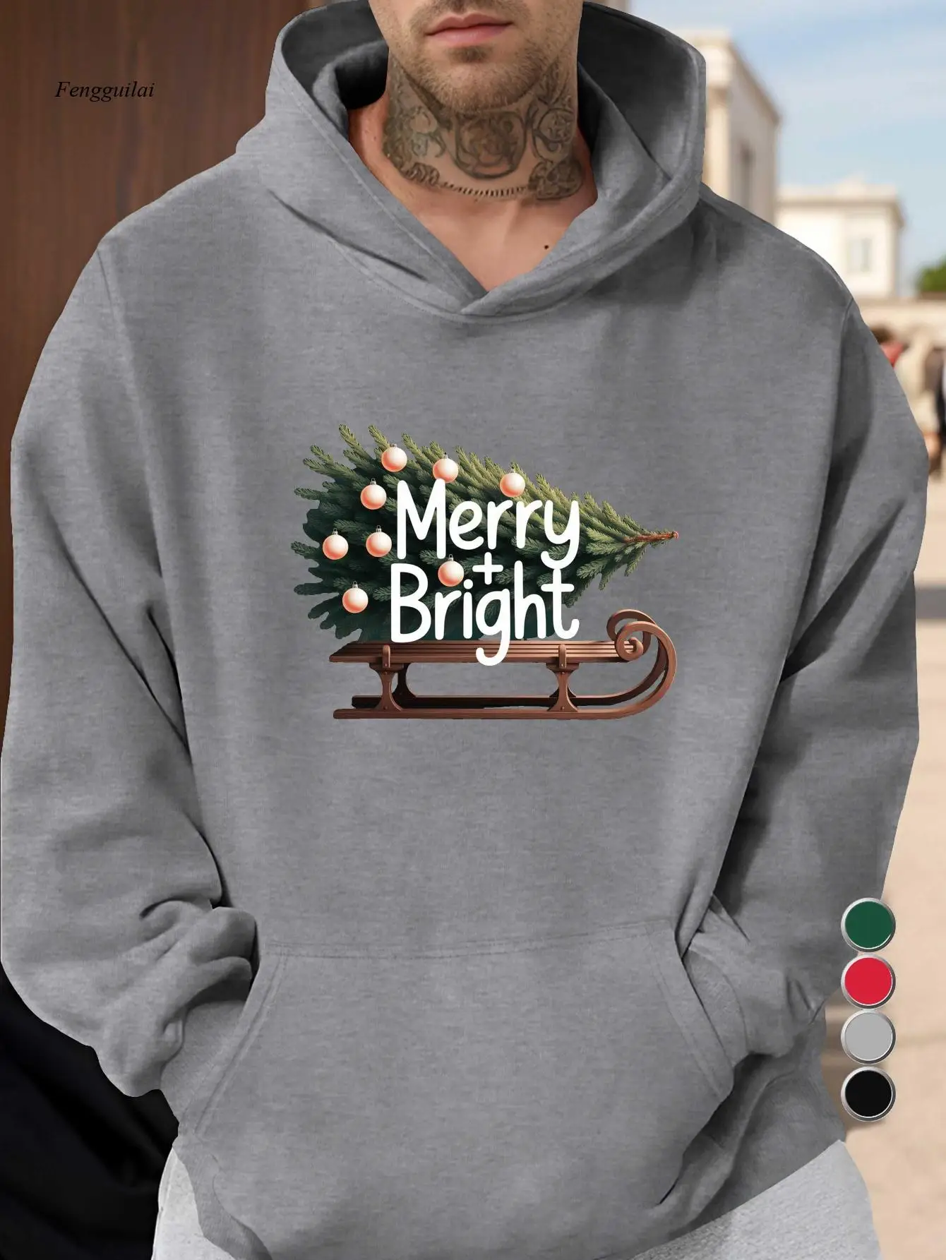 Christmas Hoodie - Merry Bright Tree Sled Graphic Pullover Sweatshirt, Loose Fit Hooded Sweater for Holiday Party Outfits