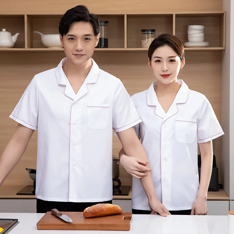 Veste de Chef d'été à manches courtes pour femmes, respirante, col rabattu, vêtements de travail de Chef, uniforme de cuisine de cantine, restauration, travail d'hôtel