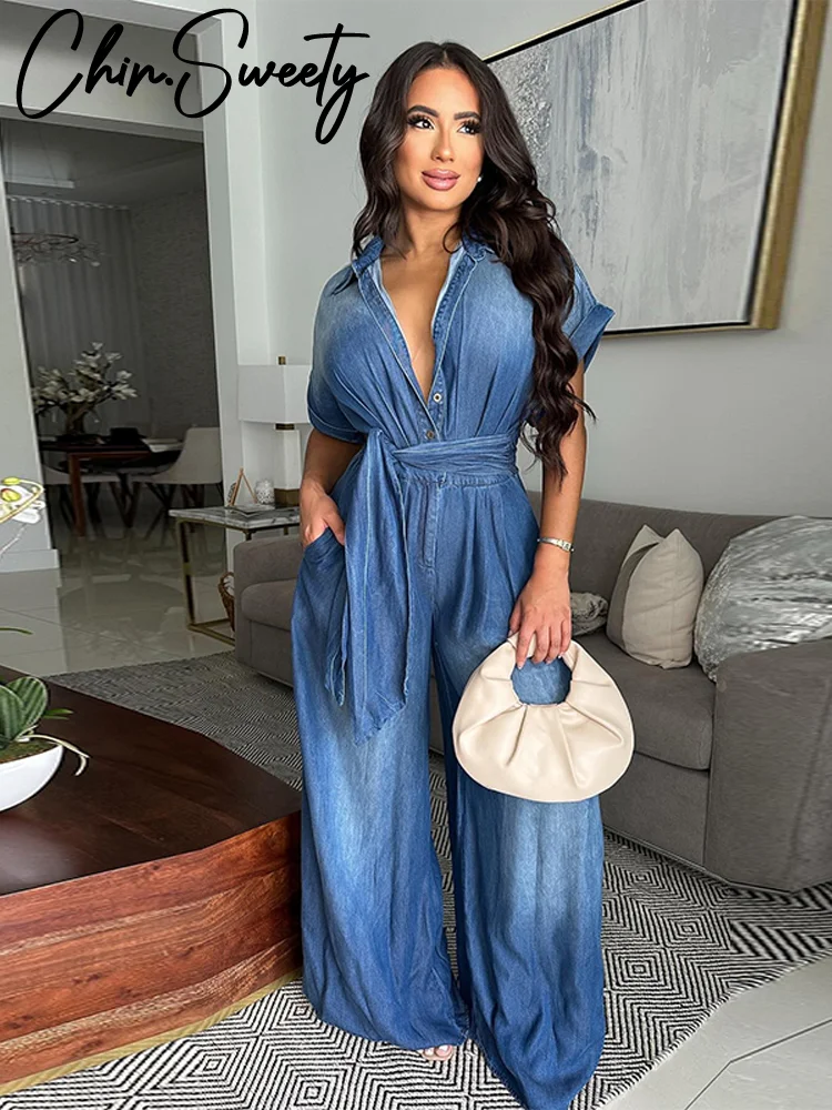 

Летний бандажный джинсовый женский комбинезон, свободные длинные комбинезоны с рукавами «летучая мышь» и лацканами на талии, новинка 2025 года, повседневная женская одежда