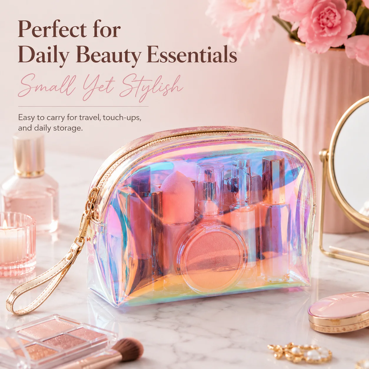 Holographic Makeup Bag, Iridescent Laser Cosmetic Pouch with Rainbow Effect, Waterproof Travel Organizer