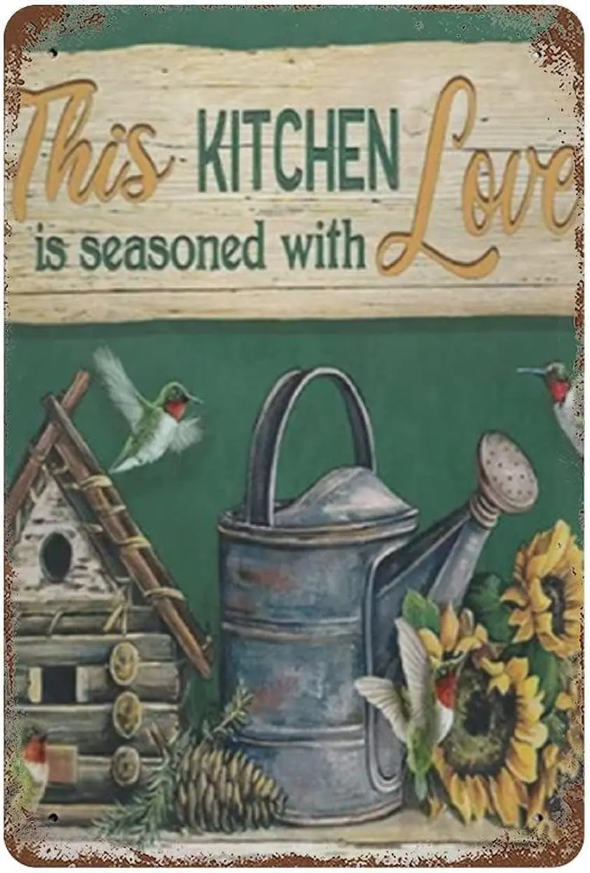 his Kitchen is Seasoned with Love - Metal Tin Sign Farmhouse Kitchen Decor, Rustic Kitchen Signs Wall Decor Home and sign