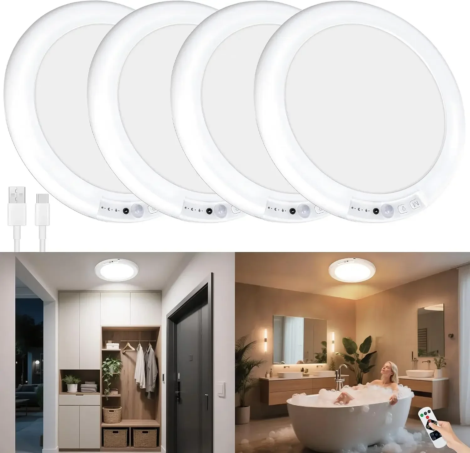 2/1/4pcs rechargeable punch-free ceiling light, motion sensor light without wiring, wireless closet light battery-powered