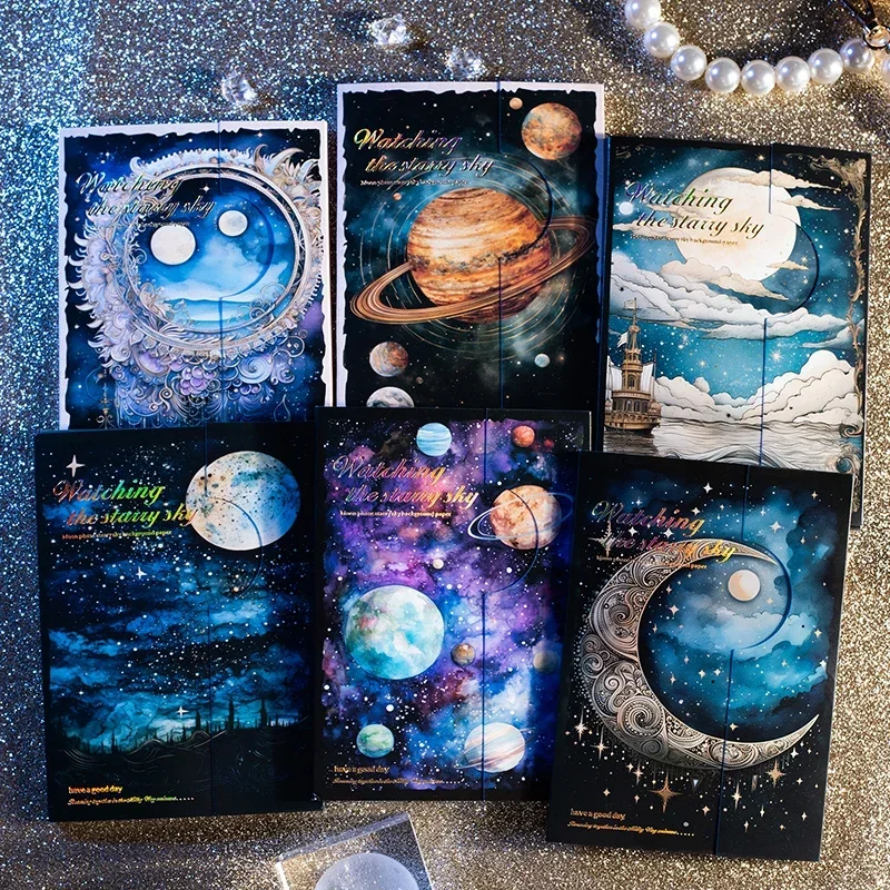 30Pieces Material Paper Starry Sky Moon Phase Handbook Handwriting Primer Notebooks Background Scrapbook cut 172*117MM