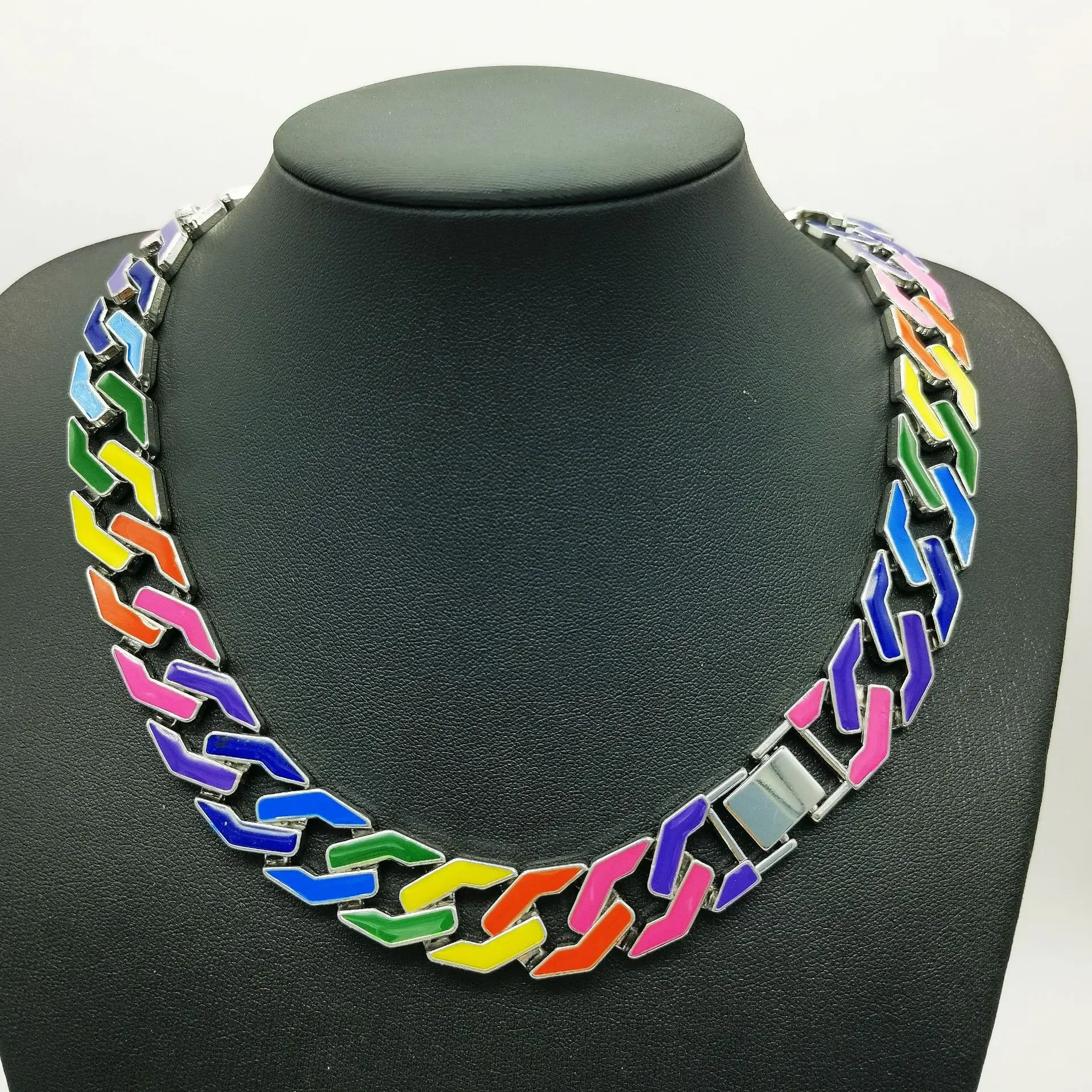 

Hip Hop Hipster Cuban Chain Enamel Bracelet 17mm Rainbow Rhombus Men and Ladies Hiphop Necklace