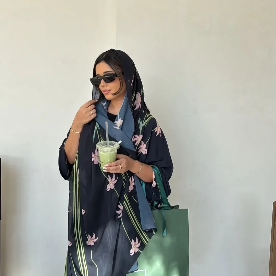 متواضع الأزهار طباعة مفتوحة سترة الحجاب قطعتين مجموعة الشرق الأوسط دبي عباية ملابس نسائية مسلمة ملابس خارجية عصرية