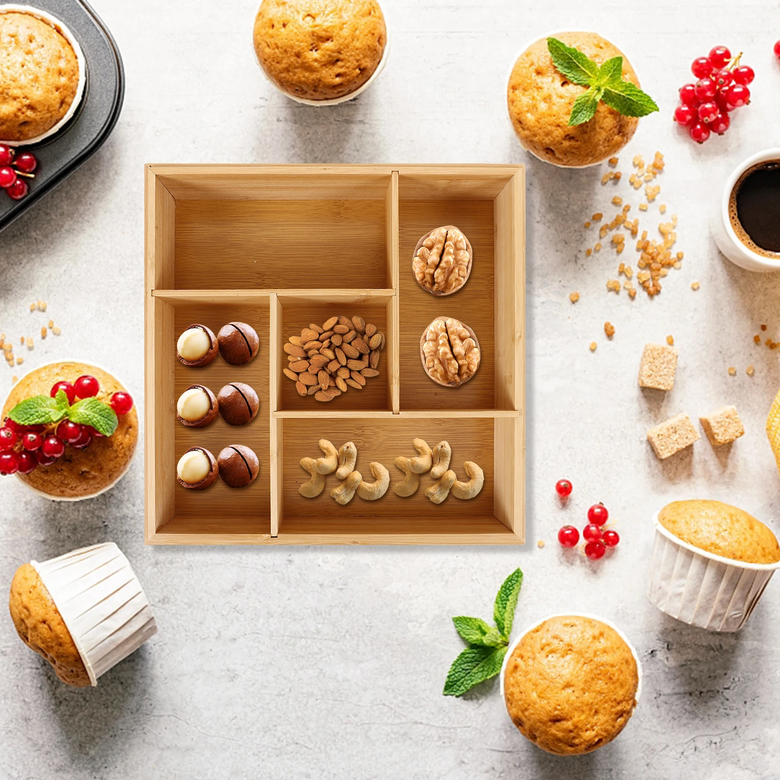 

Bamboo Yellow Wooden Compartments Snack Tray Divided Divided Wooden Tray Serving Lid Nuts Fruit Plates Household Storage