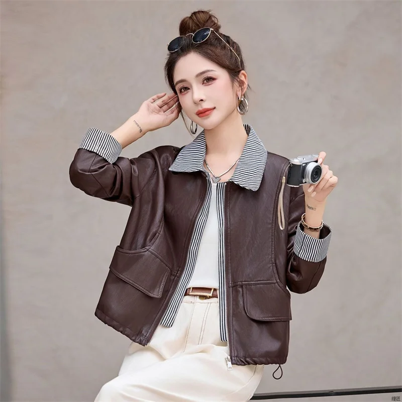 High-end Fake Two Piece Leather Jacket Women's 2026 Spring Autumn New Loose Retro Versatile Patchwork Leather Coat Outerwear