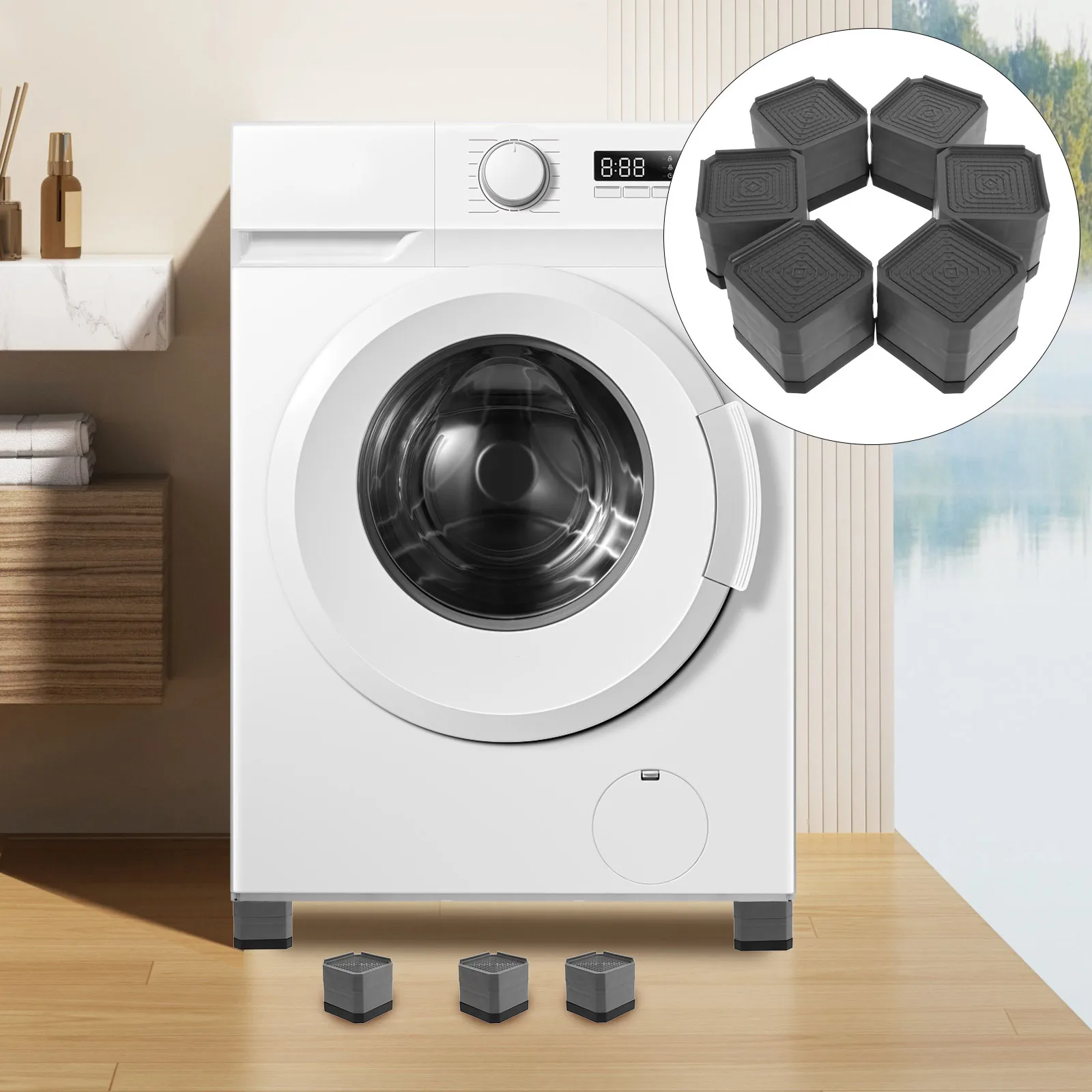 

6Pcs Anti Slip Square Table Leg Risers for Washer Dryer Pedestal Noise Reduction Cabinet Riser Bed Furniture Feet Shock