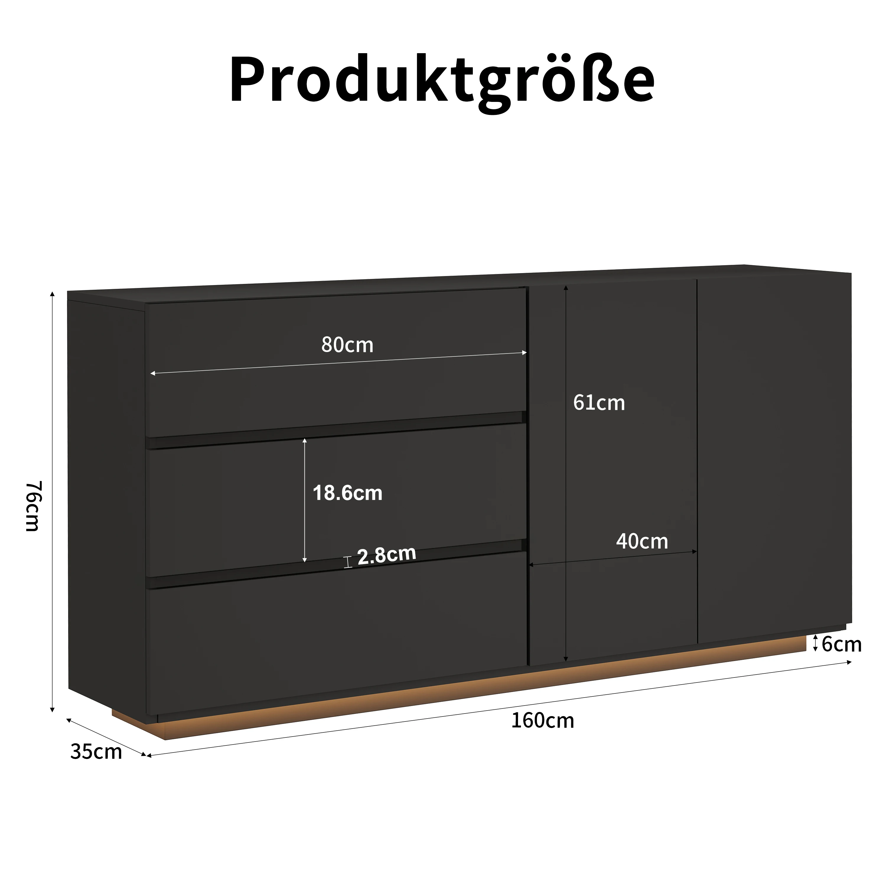 Rosahqnda Sideboard Hochglanzweiß mit LED, modernes Sideboard mit Tür und Schubladen, Buffetschrank, Kommode für die Küche – Detail 31