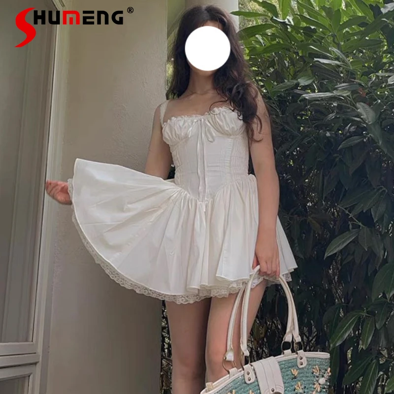 

Women's Clothing New Small White Color Dress Lace Stitching French Fishbone Strap Dresses Sweet Wear High Waist Vestidos Mujer