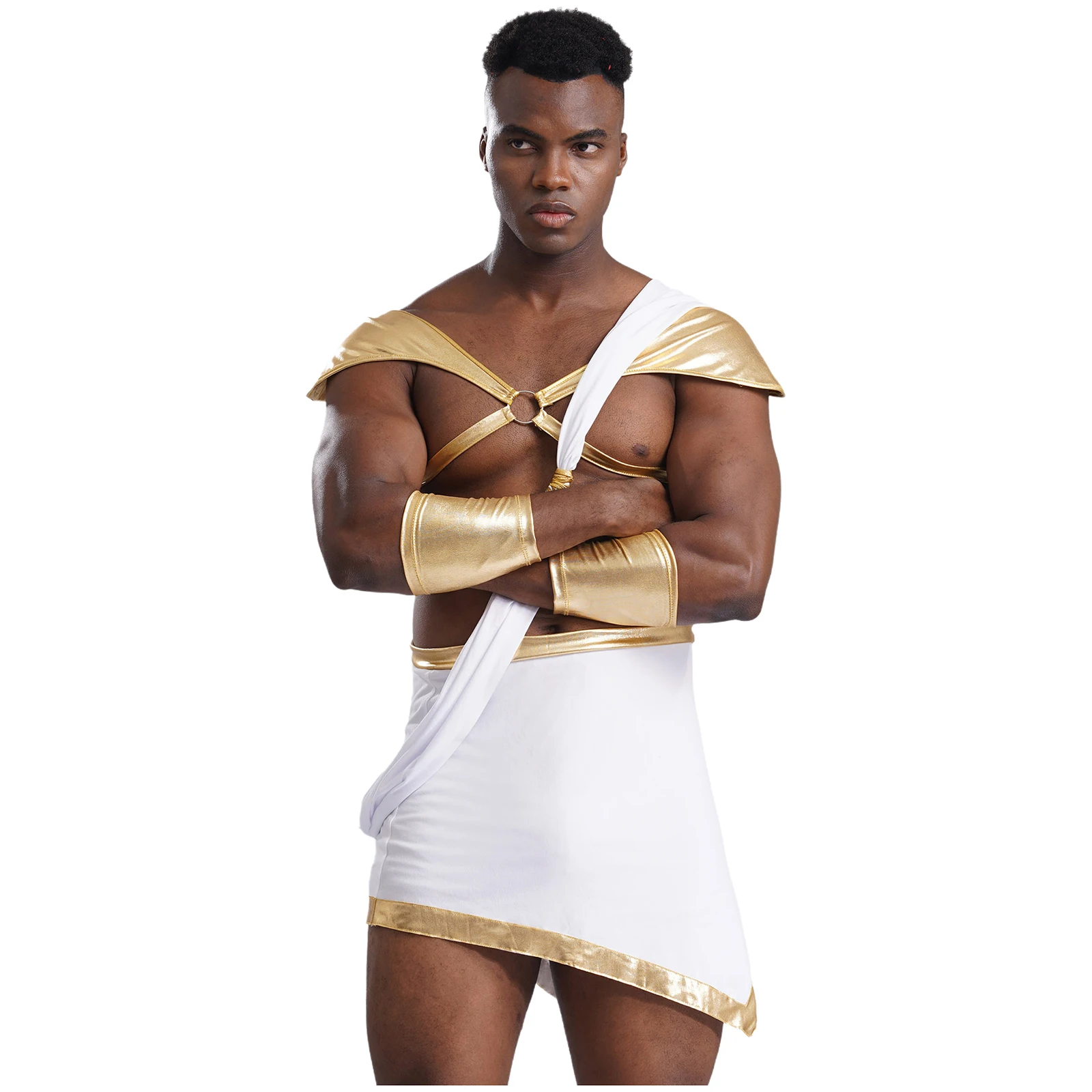 Men Ancient Greek God Zeus Cosplay Costume Halloween Roman Gladiator Role Play Dress Up Shoulder Strap Gold Trim Skirt Outfits