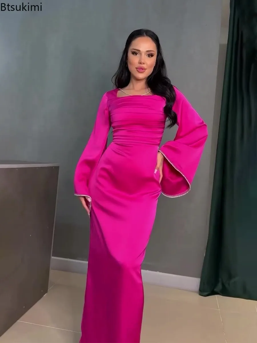 2025年 エレガントなレディース サテン マキシドレス 長袖 スクエアネック バンテージ ボディコン イブニングドレス ファッション レディース パーティー ベスティダオス 新作