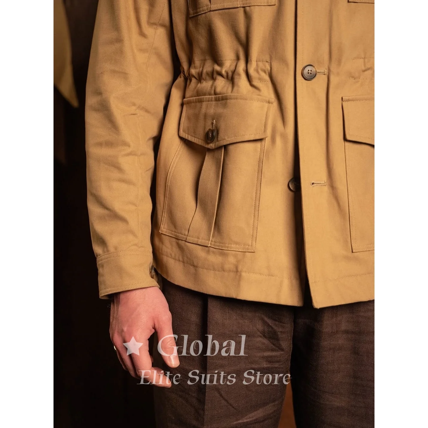 Casual Khaki Safari Jacket Vintage Utility Field Coat with Drawstring Waist Flap Cargo Pockets Suit Party Wedding Customized