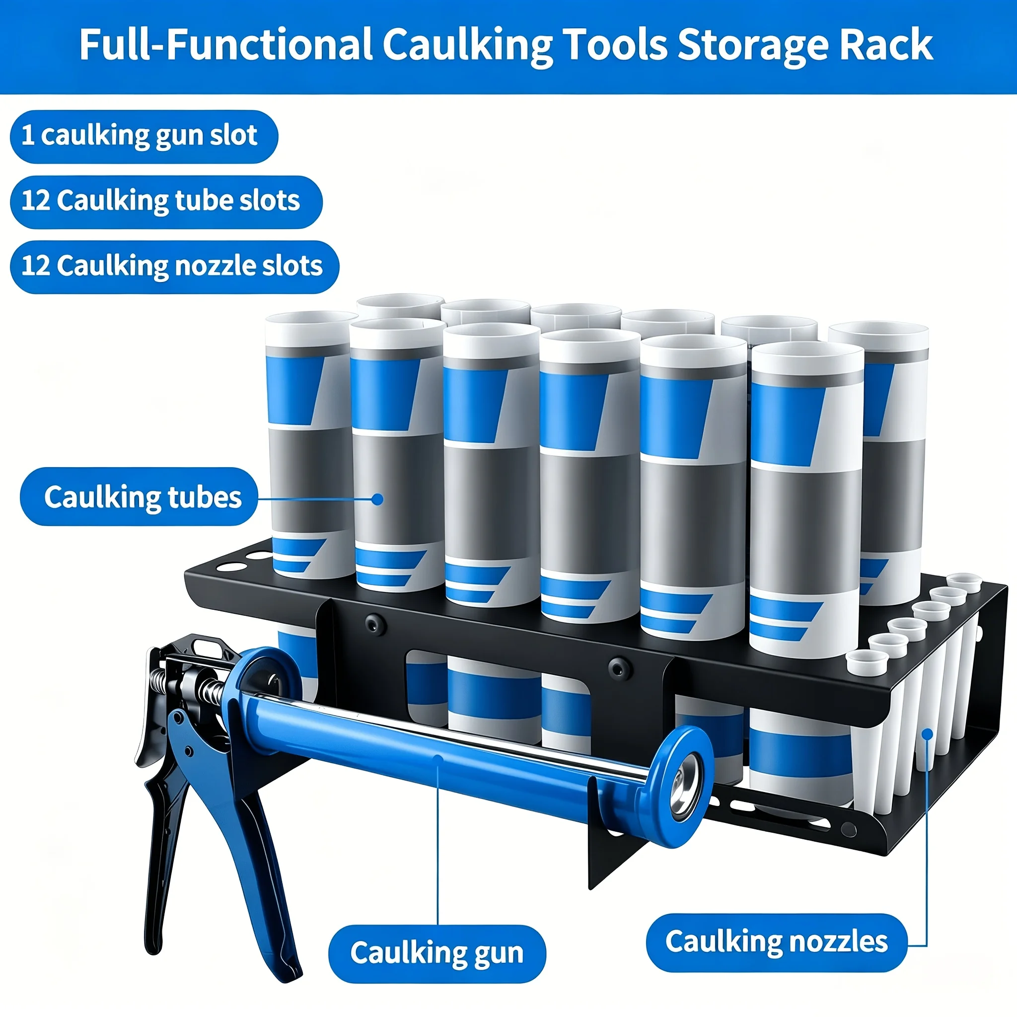 Caulk Tubes Holder Caulking Gun Storage Rack, Wall Mount Organizer for 12 Caulk Tubes and Caulking Guns for Garage, Workshop