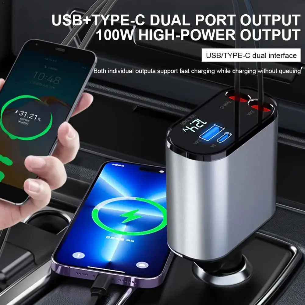 100w 4 IN 1 Retractable Car Charger USB Type C Cable For IPhone Fast Charge Cord Cigarette Lighter Adapter