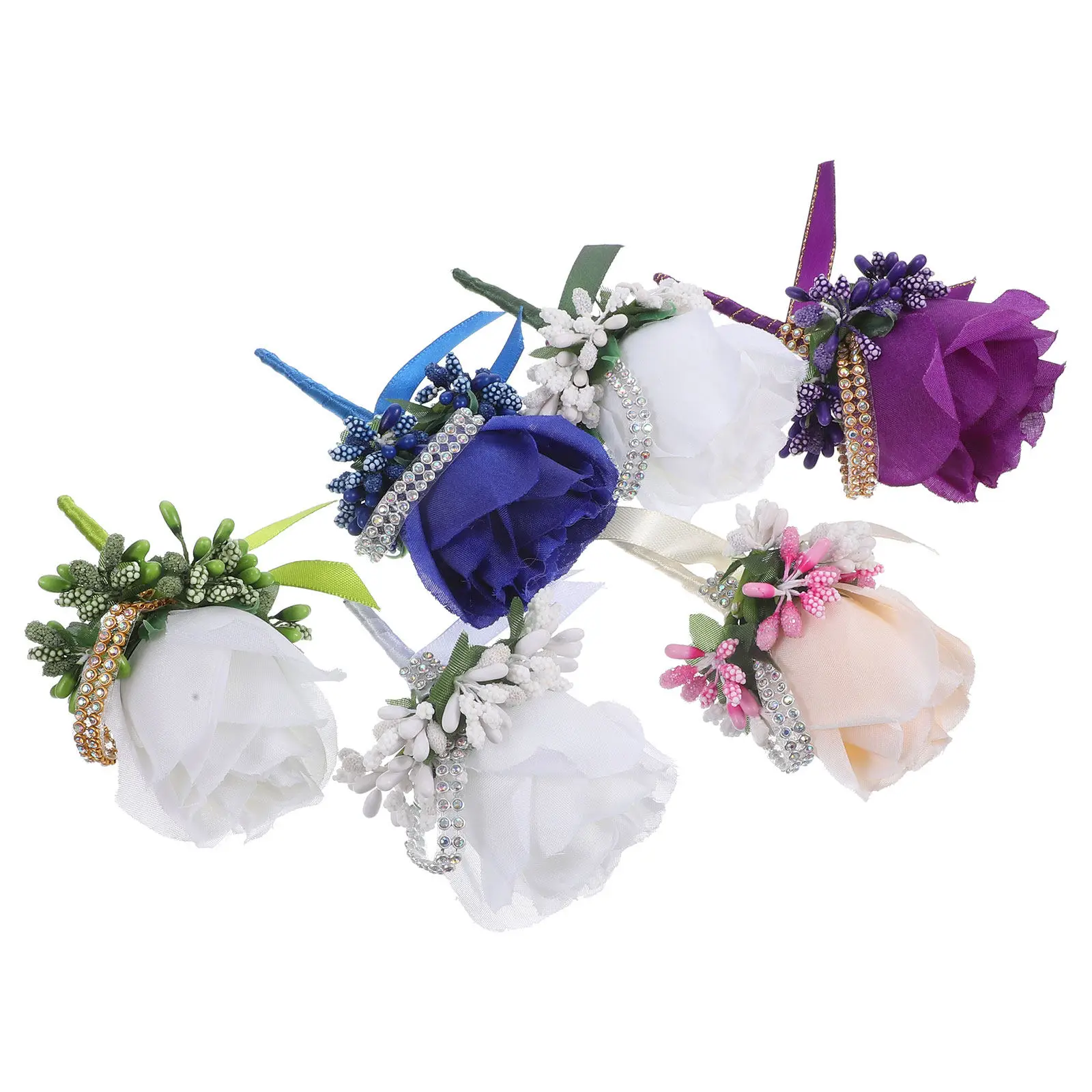 

6Pcs Boutonniere Wedding Chest Flowers Rhinestone Decor Artificial Flower Corsage Bride Groom Wedding Clothing Accessories